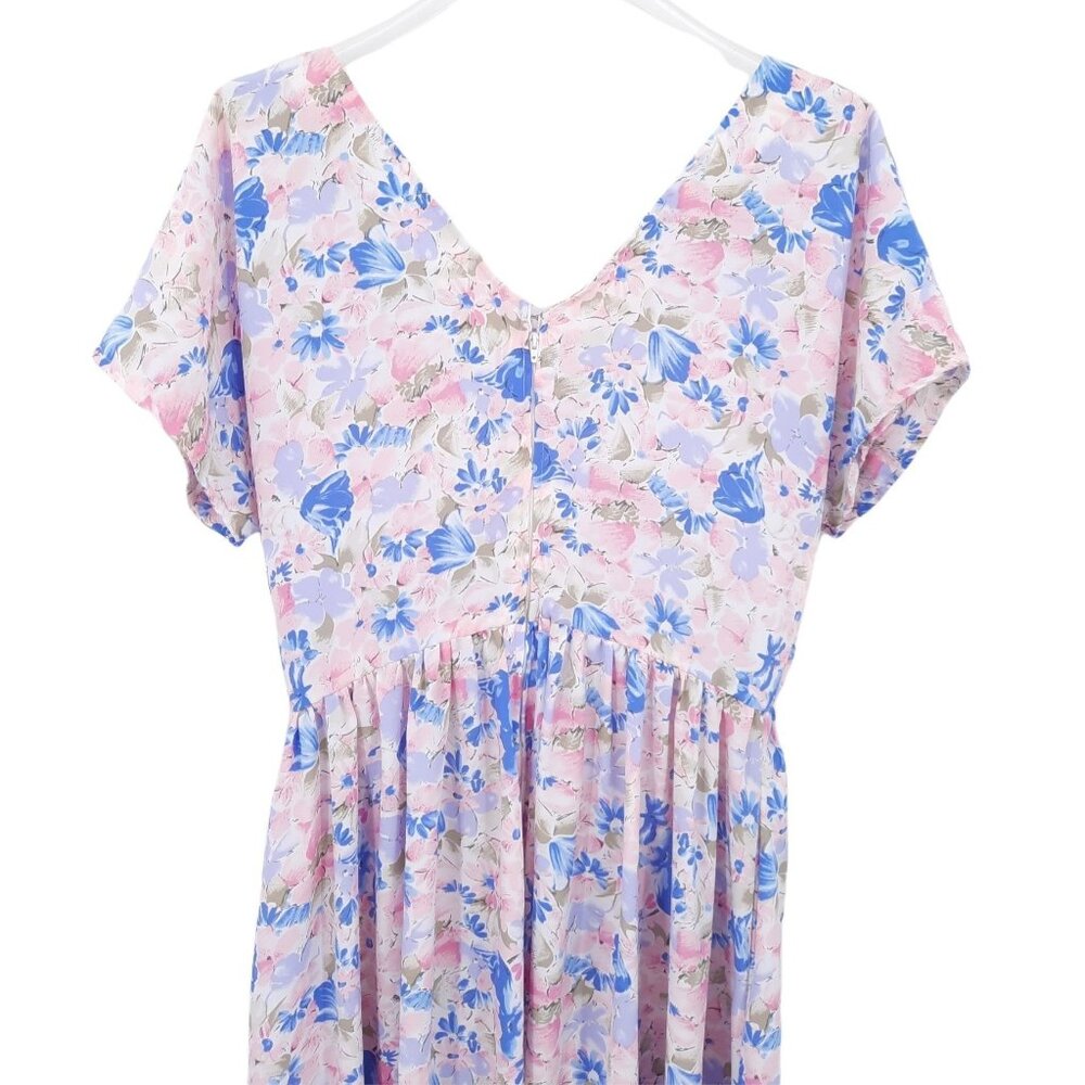 VTG 80s Pink Blue Green White Floral V-Neck V-Back Midi Fit & Flare Dress L - Picture 5 of 8